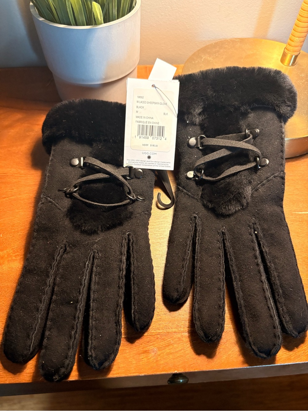 UGG Black Suede Sheepskin Gloves with Lace Detail